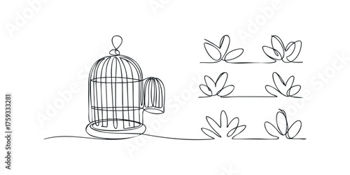 Continuous line drawing of a bird cage and stylized leaves