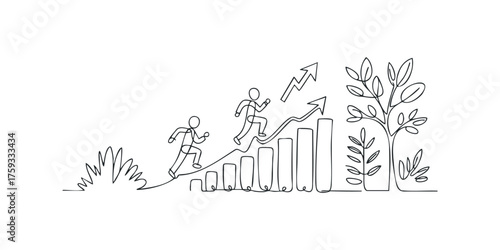 Two figures ascend a rising bar chart and arrow representing growth and progress