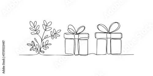 Continuous line drawing of gift boxes and plant branch