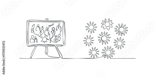 Minimalist line art of diverse people on a whiteboard and sunshine