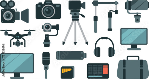 Digital Media Production Gear Illustration Camera, Drone, Microphone, Headphones, Tripod, Monitor, Keyboard, and More