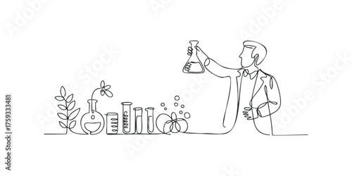 Scientist examines liquid in flask amidst laboratory glassware and plants