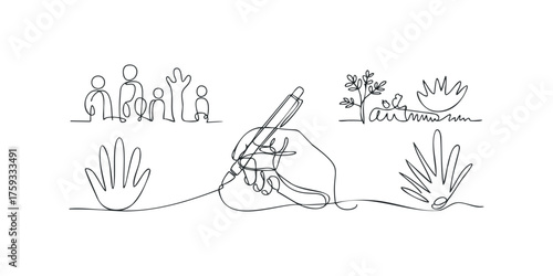 Abstract continuous line drawing of a hand holding pen with human figures and nature