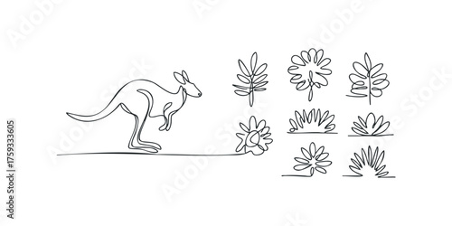 Kangaroo and stylized plants line art on white