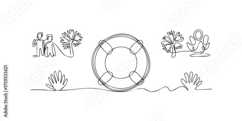Single line drawing of a life preserver with surrounding elements