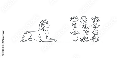 Single line drawing of a sphinx and potted plants