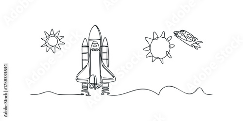 Single line drawing of a spaceship and celestial bodies
