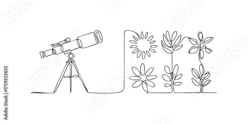 Telescope connected to plant and floral outlines by single line