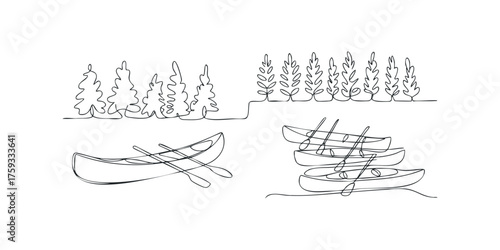 Continuous Line Drawing of Canoes and Trees