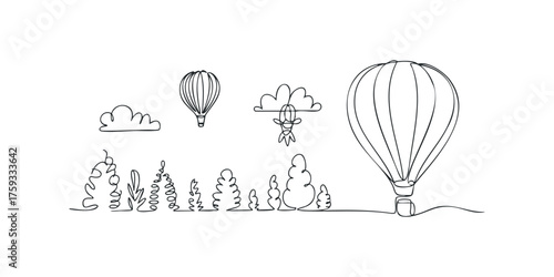 Abstract line art of hot air balloons and nature elements