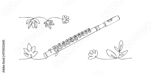 Single Line Drawing of a Flute with Leaves