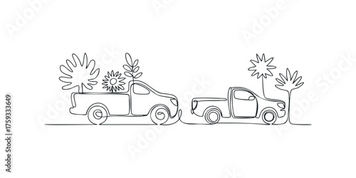 Two pickup trucks with floral motifs and trees