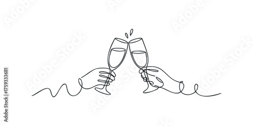 Hands Clinking Champagne Glasses Cheers Celebration Line Art