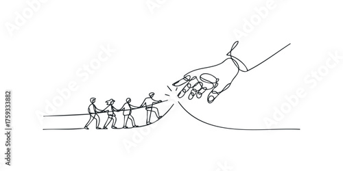 Group pulling rope towards helping hand over obstacle