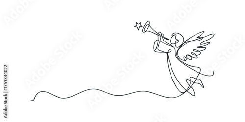 Angel blowing trumpet with star and waves continuous line drawing