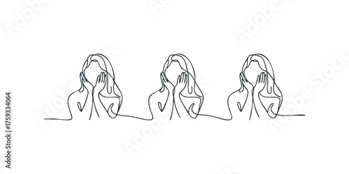 Three abstract female faces with hands to cheeks