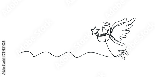 Continuous line drawing of flying angel holding star with wings