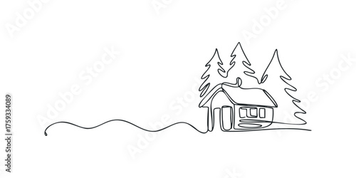 Simple line drawing of a cabin and trees on a hill