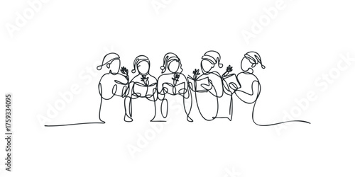 Group of people singing carols with books and hats