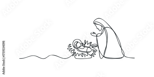 Continuous line drawing of mother and baby in manger