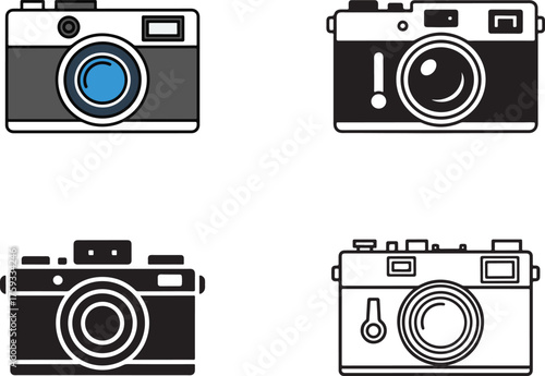 Collection of four vintage and retro style camera illustrations on a white background