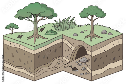 Isometric illustration of an animal burrow showing underground layers and surface wildlife vector design for educational use