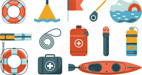Flat Illustration of Kayaking Gear and Water Safety Equipment with Medical Kit