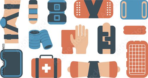 Flat Illustration of First Aid Kit Contents, Bandages, Splints, Gauze, and Medical Supplies