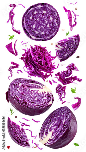 Vibrant Purple Cabbage Halves and Shredded Pieces Flying in Mid-Air on Transparent Background