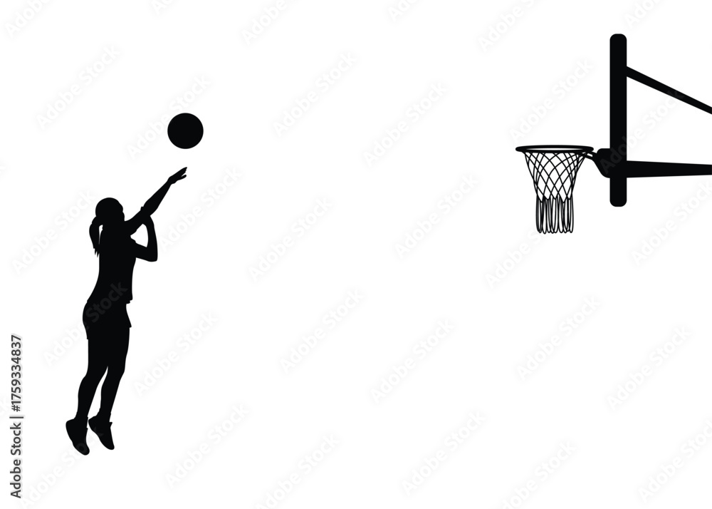 Fototapeta premium Silhouette of a basketball player in a jumping pose shooting a basketball into the hoop. Female basketball player. Isolated background. Vector illustration.