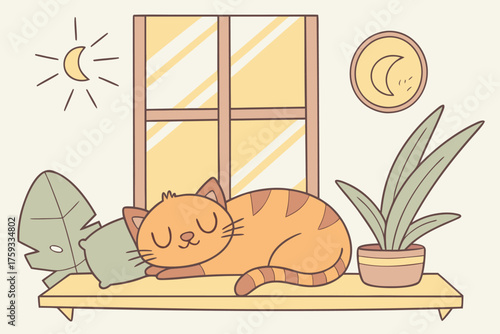 Cute orange tabby cat sleeping on a windowsill cozy vector illustration for childrens books and home decor isolated on beige background