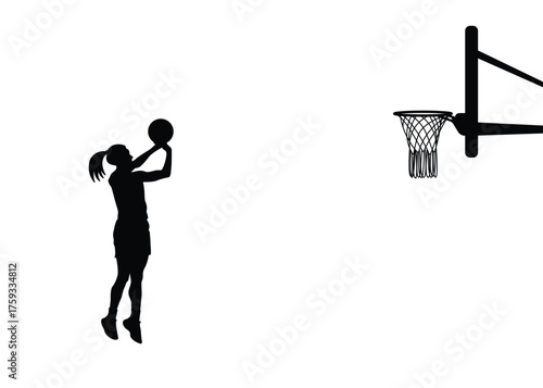 Silhouette of basketball player, female basketball player, isolated background, vector illustration.