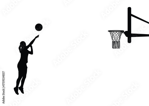 Silhouette of a basketball player in a jumping pose shooting a basketball into the hoop. Female basketball player. Isolated background. Vector illustration.