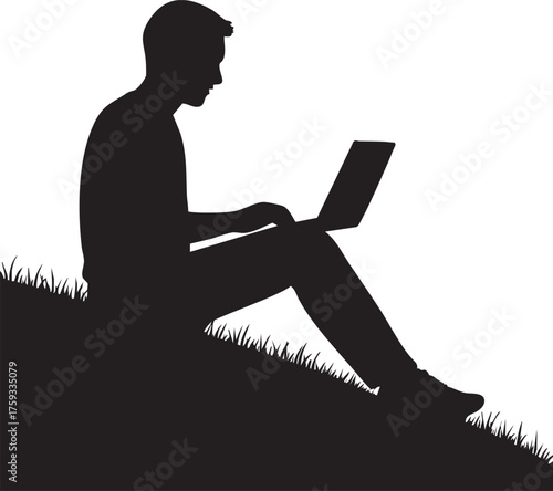 Person using laptop outdoors silhouette vector