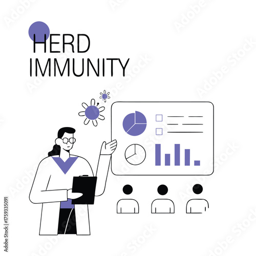 Doctor explaining herd immunity with charts and figures vector illustration for medical presentation isolated on white background