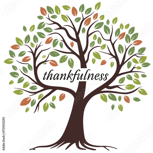 Illustration of a tree with brown trunk and branches, green and brown leaves, and the word thankfulness