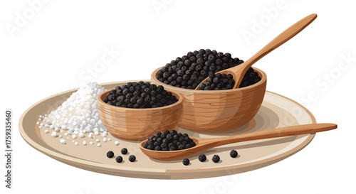 Wooden bowls filled with black peppercorns and a pile of salt on a plate, ready for seasoning