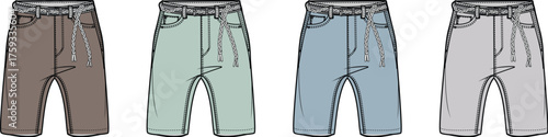 A set of technical flat sketches for casual jogger pants with a drawstring waist, showcased in a palette of four different muted color options for apparel design and manufacturing