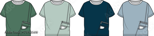 Vector template set of short-sleeve t-shirts with crew necks and chest pockets. Muted blue and green colors, perfect for apparel mockups, fashion design, and uniform concepts
