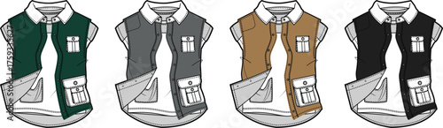 Four color options for a sleeveless vest with pockets, showcasing different shades of green, grey, brown, and black against a white shirt