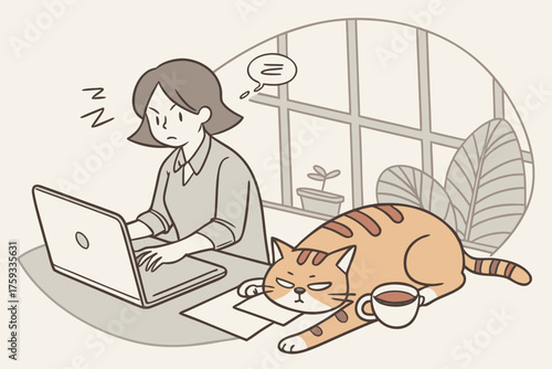 Woman working from home with a laptop sleepy cat lying on the desk vector illustration in cartoon style