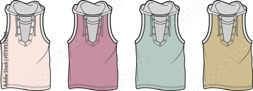 Four sleeveless tops in different colors and styles pink, mauve, mint green, and tan