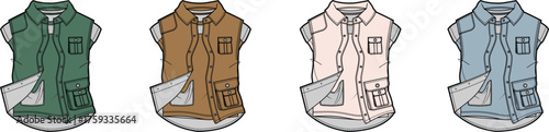 Set of four different colored sleeveless vests, each with pockets and a fold, displayed in a horizontal line