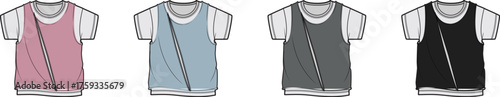 Set of four plain t-shirts in different colors pink, light blue, grey, and black, showcasing a simple layering design with a tank top over a crew neck shirt