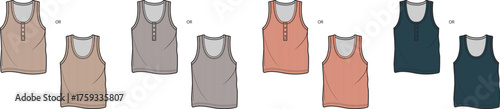 Technical flat fashion sketch of a men's Henley tank top in various colorways. Vector illustration for apparel design and manufacturing