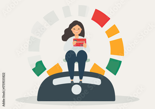 Happy woman holding credit card and banknote sitting on large credit score gauge with green yellow red rating segments financial responsibility concept vector illustration