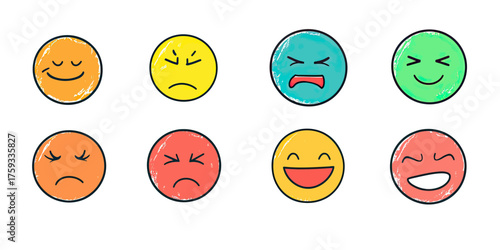 Set of hand drawn colorful sketch style emoji faces showing diverse emotions including happiness anger sadness and surprise in flat minimalist vector design