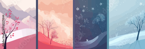 Minimalist flat vector illustration of four seasons nature landscape with blooming spring, autumn foliage, winter snow, and summer sunset trees in separate panels