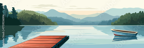 Serene lake landscape with calm water, wooden pier extending into water, small rowboat floating near shore, distant tree-covered hills and soft pastel sky in minimalist vector style