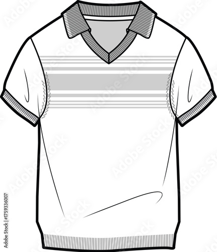 Flat fashion illustration of a men's short-sleeve collared polo shirt with striped detailing on the chest